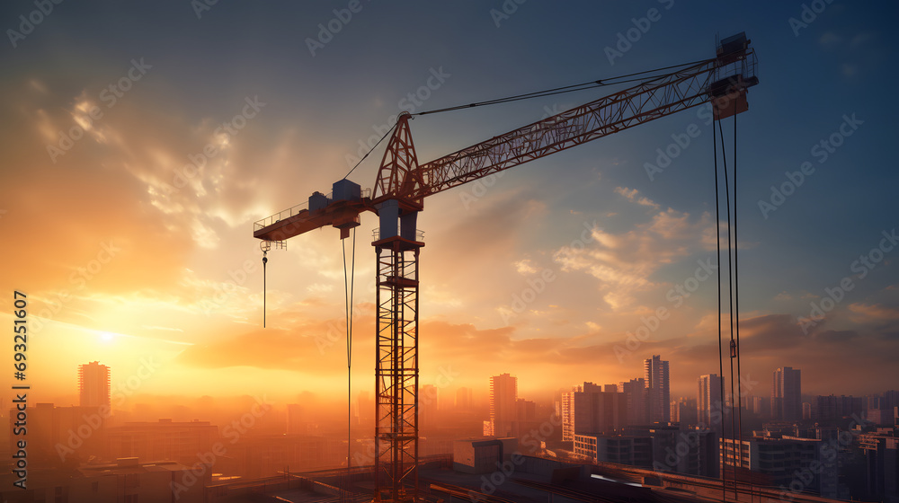 Crane holding big white blades on wind turbine / solar panel construction site on sunset daytime