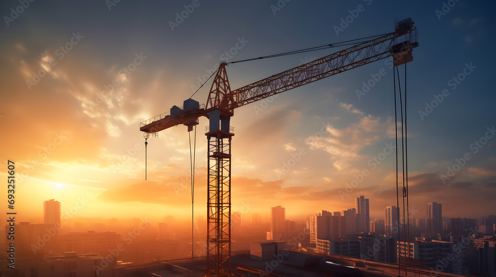 Crane holding big white blades on wind turbine / solar panel construction site on sunset daytime Crane holding big white blades on wind turbine / solar panel construction site on sunset daytime