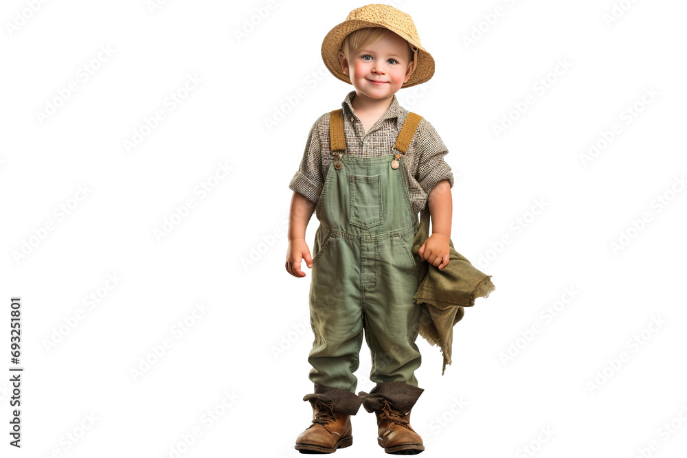 A Little boy in a farmer suit on a transparent background PNG. Children's dream career A Little boy in a farmer suit on a transparent background PNG. Children's dream career