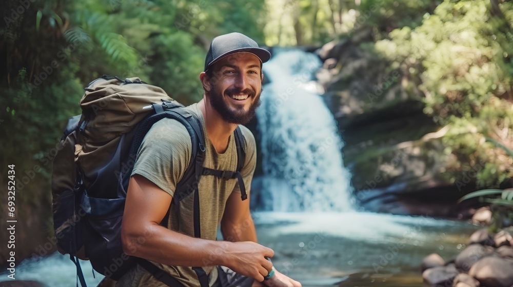 Obraz premium a delightful young male hiker taking a break against the backdrop of a small waterfall located in the forest. generative AI