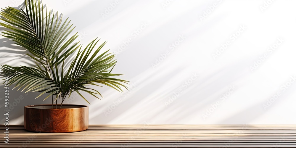 Teak wood table with palm leaves shadow on white wall. Backdrop, Products display, Beautiful wood grain, Summer, Natural. Teak wood table with palm leaves shadow on white wall. Backdrop, Products display, Beautiful wood grain, Summer, Natural.