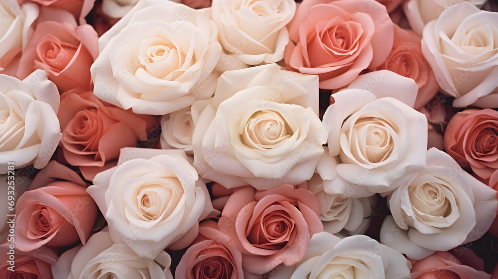 A close up of a bunch of pink and white roses. Monochrome peach fuzz background.
