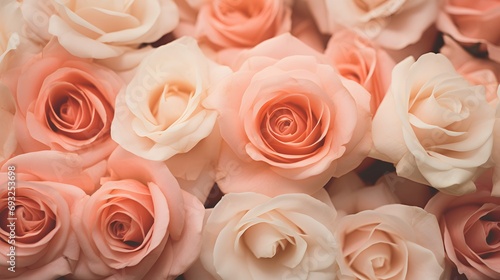 A close up of a bunch of pink and white roses. Monochrome peach fuzz background. 