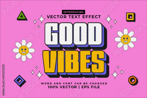 Editable text effect Good Vibes 3d Cartoon Cute template style premium vector