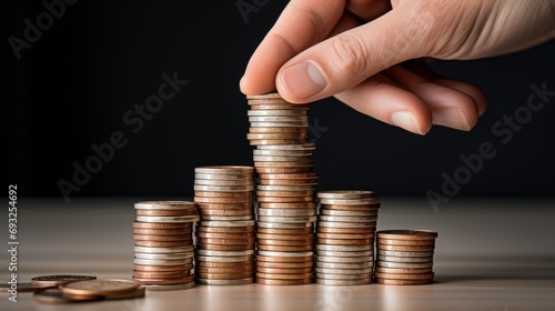 close-up stack of coins isolated with hand and finger touching pile