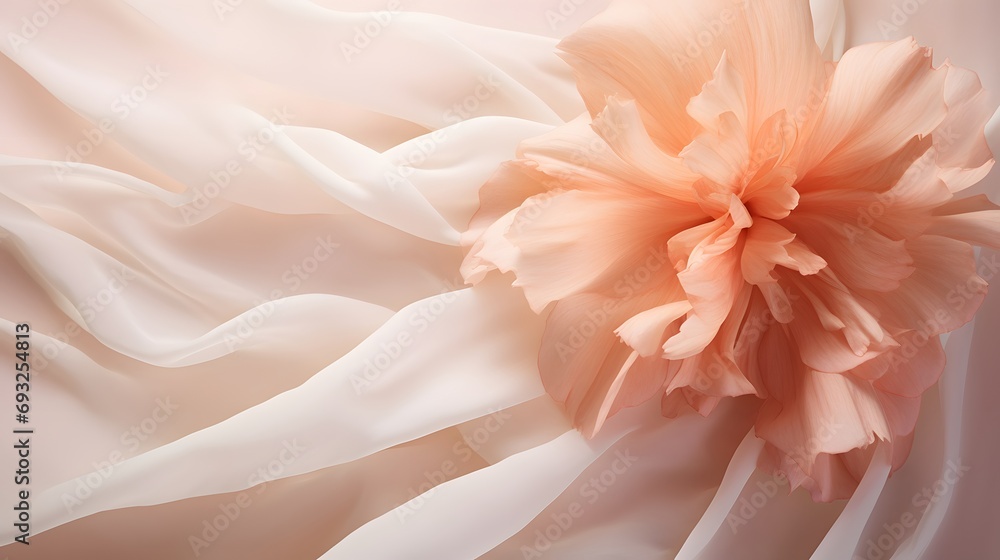 A single flower sitting on top of a white cloth. Monochrome peach fuzz background. A single flower sitting on top of a white cloth. Monochrome peach fuzz background.
