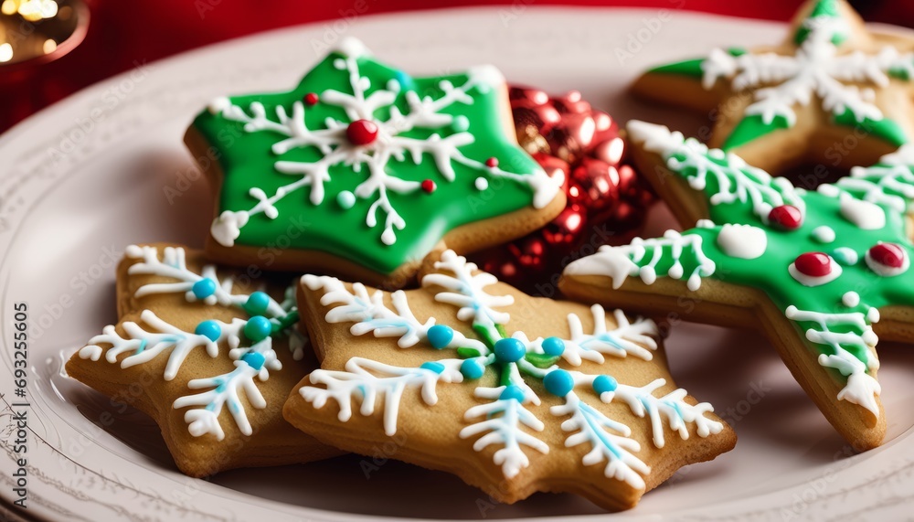 A plate of Christmas cookies with white and blue frosting