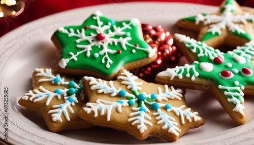 A plate of Christmas cookies with white and blue frosting