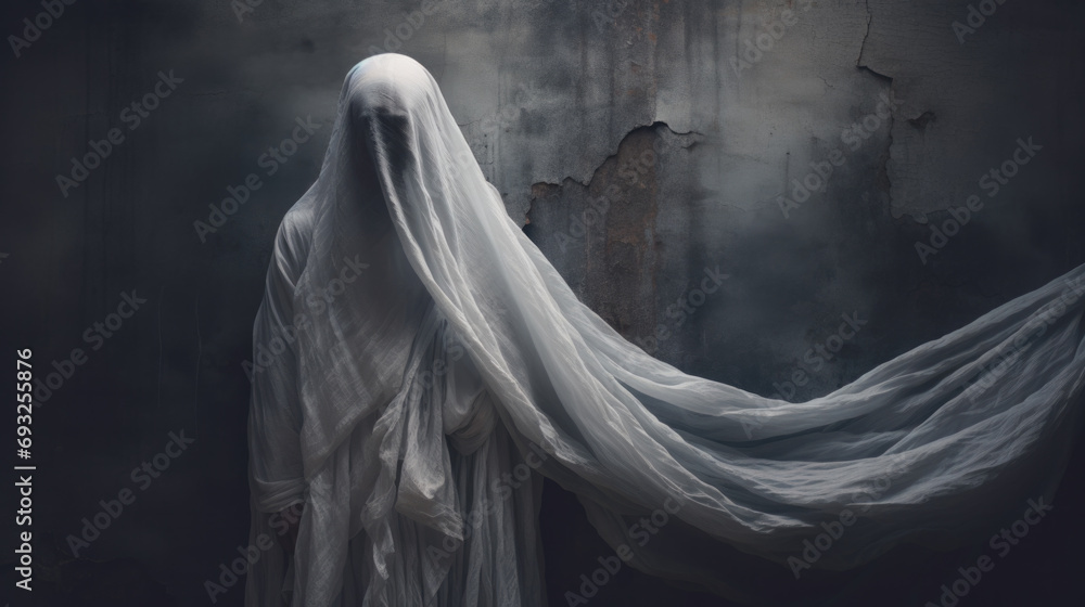 Eerie portrait on a ghost or man wearing an old sheet. Interior of a haunted house. Eerie portrait on a ghost or man wearing an old sheet. Interior of a haunted house.