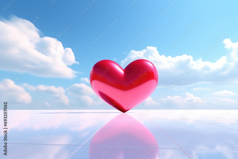 A red heart balloon floats in the blue sky in clouds. .Generative Ai A red heart balloon floats in the blue sky in clouds. .Generative Ai