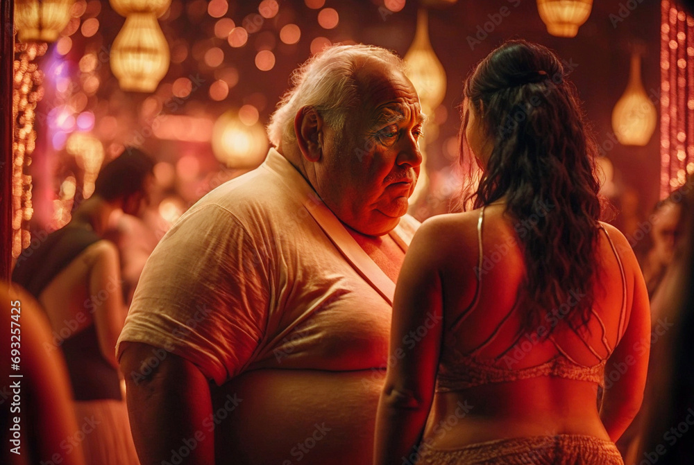 sugar daddy in a fictitious red light district with slightly fat older man looking eagerly at prostitutes bodies, sex tourism, street with nightclubs or strip clubs, asian looking ladies - obrazy, fototapety, plakaty 