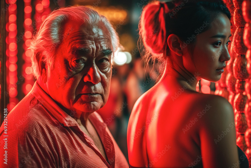 sugar daddy in a fictitious red light district with slightly fat older man looking eagerly at prostitutes bodies, sex tourism, street with nightclubs or strip clubs, asian looking ladies sugar daddy in a fictitious red light district with slightly fat older man looking eagerly at prostitutes bodies, sex tourism, street with nightclubs or strip clubs, asian looking ladies