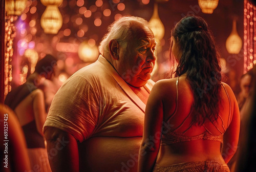 sugar daddy in a fictitious red light district with slightly fat older man looking eagerly at prostitutes bodies, sex tourism, street with nightclubs or strip clubs, asian looking ladies photo
