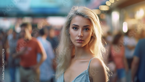 joyful blonde woman in crowd, captivating smile, vibrant atmosphere, lively gathering, fictional location