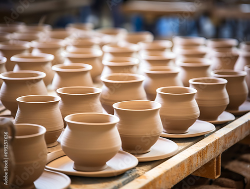 Rows of unfinished clay pots in a pottery workshop, highlighting the creative process. This image is valuable for educational content, DIY crafting platforms, and art class promotions.