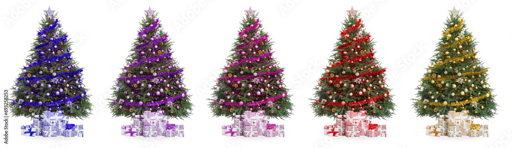 Christmas trees decorated in different colors isolated on white, collection