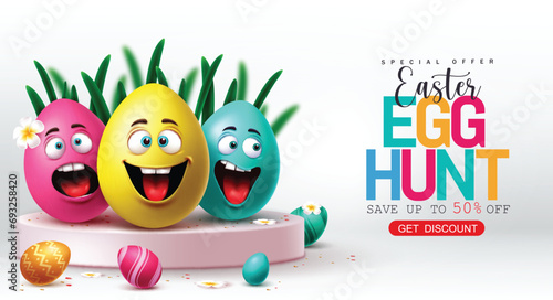 Easter sale podium vector banner. Easter egg hunt special offer 50% discount for holiday season product display advertisement design. Vector illustration easter sale banner.
