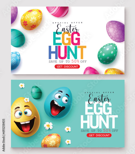 Easter egg sale vector banner set. Easter egg hunt for special offer discount promo text with colorful elements in printed and smiling face decoration design. Vector illustration easter egg hunt 