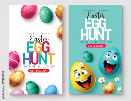 Easter egg hunt sale vector poster set. Easter egg hunt special offer discount text with colorful elements for holiday season promotion design. Vector illustration easter promo sale postcard 