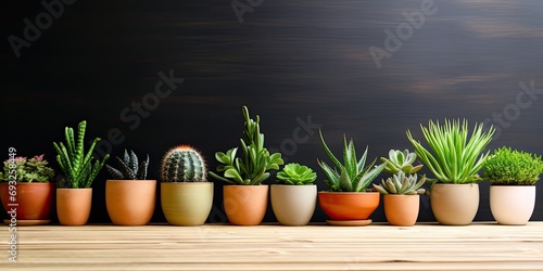 Various potted plants at a wooden table, representing home plants and succulent care. Empty area available.