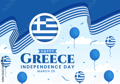 Happy Greece Independence Day Vector Illustration on March 25th with Greek Flag and Ribbon in National Holiday Flat Cartoon Background Design
