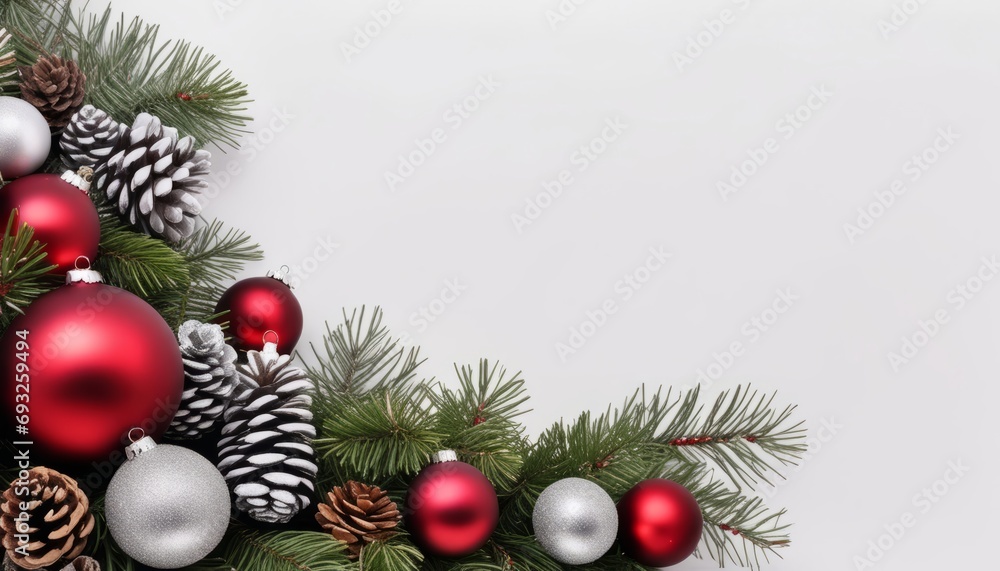 A Christmas tree with ornaments and pine cones