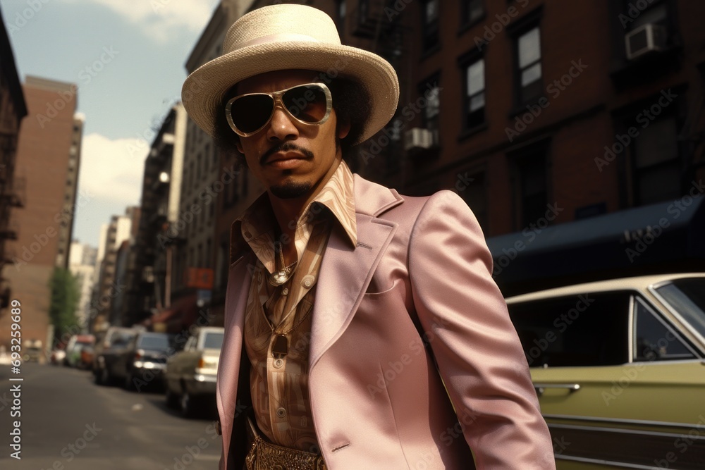 Fashionable Latino man in 1970s on city street