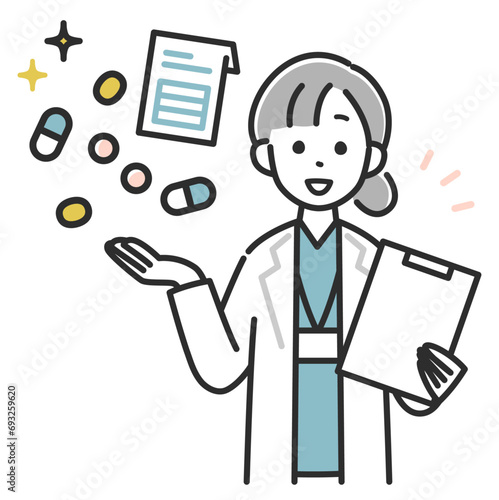 薬の説明をする女性薬剤師