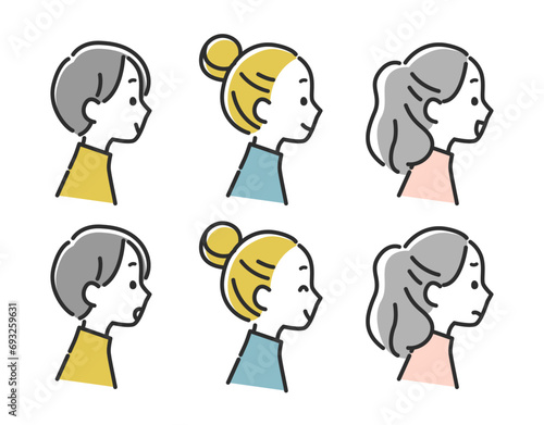 若い女性の横顔アイコンの表情セット