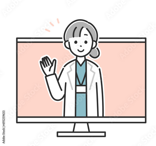 ディスプレイ画面越しに女性医師の診察を受ける