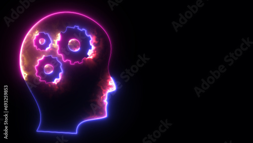 Glowing purple neon line Human head with gear silhouette icon isolated on black background. Human head with gear neon line profile icon. Human anatomy and science concept