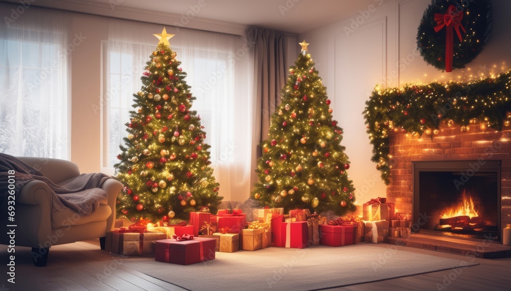 A cozy living room with two lit Christmas trees