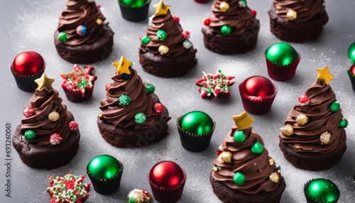 A table full of Christmas cupcakes with green and red frosting