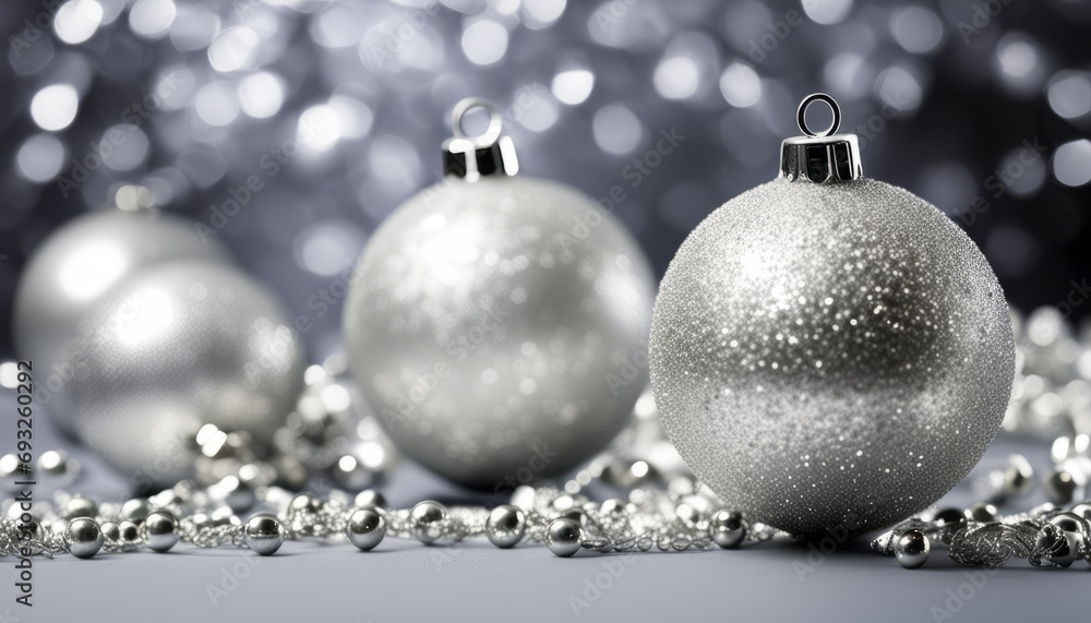 Three silver Christmas ornaments on a table Three silver Christmas ornaments on a table