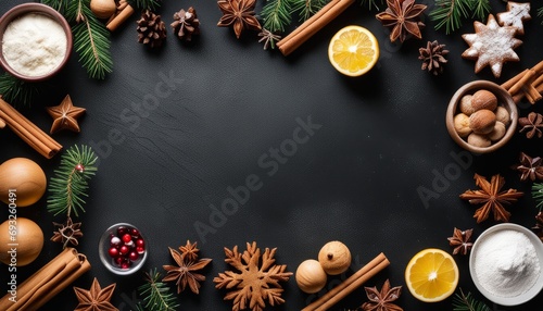 A table with a black surface and a variety of food items, including candy canes, pine cones, and a bowl of sugar
