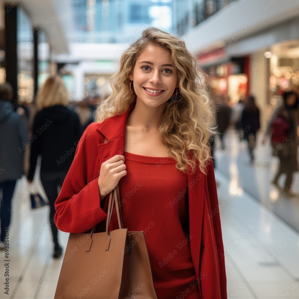 portrait of happy young woman at the mall shopping with a smile