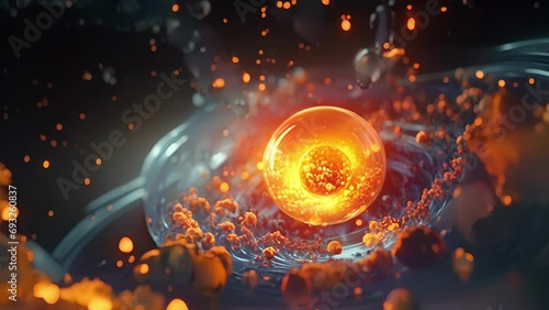 Closeup of a swirling nuclear reaction, as a neutron becomes captured and transforms an atom into a new element.