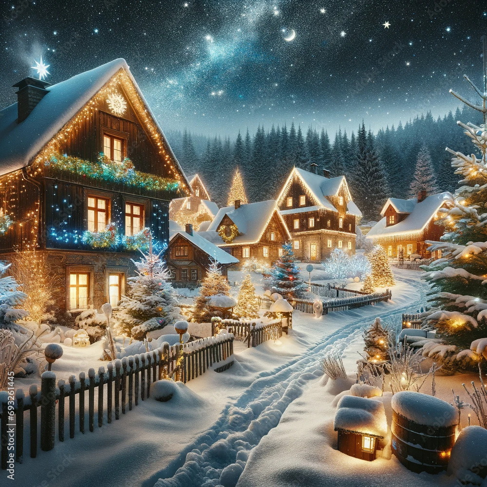 Fototapeta premium A picturesque snowy village scene during Christmas time. The village is blanketed in fresh, white snow with charming, rustic houses adorned with twink