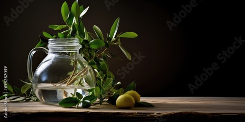 Morning still life, with ruscus branches in water jar.