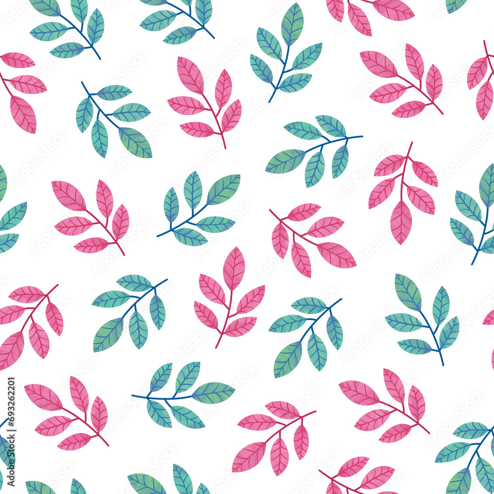 Leaves seamless pattern. Monochromatic pink and green textured leaves hand drawn on white background. Great for fabric or textile printing Leaves seamless pattern. Monochromatic pink and green textured leaves hand drawn on white background. Great for fabric or textile printing