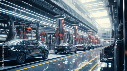 Automobile factory. Automobile assembly plant. Generative AI. © BoszyArtis