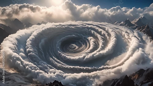 Karakoram Vortex seen from mountaintop, with swirling winds clouds giving illusion massive whirlpool sky. photo