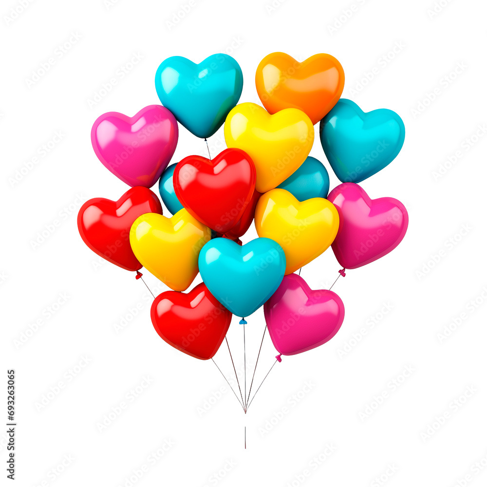 Colorful bunch of heart shape balloons over white transparent background