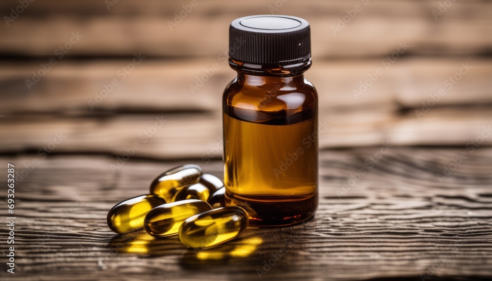 A bottle of fish oil pills on a wooden table A bottle of fish oil pills on a wooden table