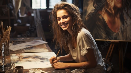 portrait of happy young woman painter working with brushes on painting in workshop photo