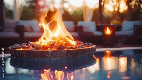 Closeup of the comforting warmth radiating from a poolside fire pit, inviting guests to gather around and relax. photo