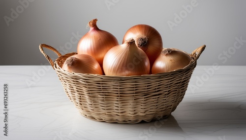 A basket of onions on a table