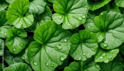 Green leaves with water droplets on them photo
