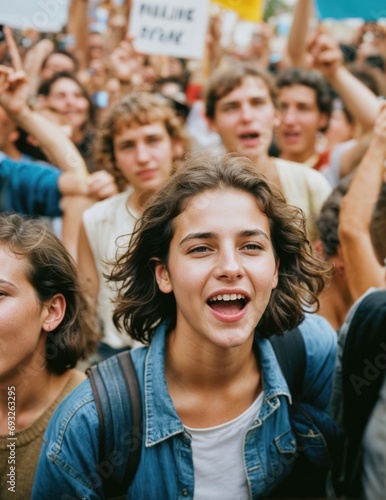 White boy at a youth protest, diverse youth crowd protesting, political group, high resolution photo, a sense of joyful rebellion and protest against environmental issues