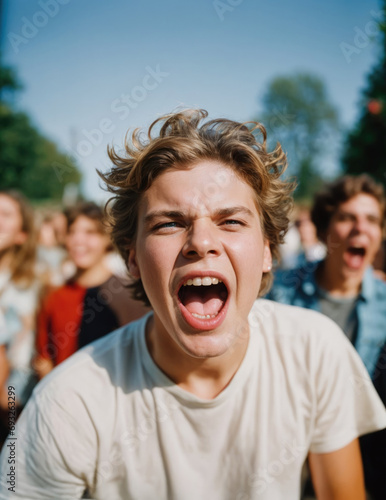 White boy at a youth protest, diverse youth crowd protesting, political group, high resolution photo, a sense of joyful rebellion and protest against environmental issues